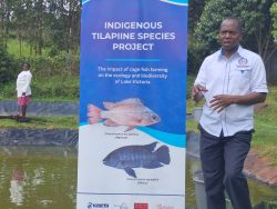 Kenya Marine and Fisheries Research Institute Assistant Director Aquaculture Dr Paul Orina explaining about fish species at Kegati Centre in Kisii Central Sub County, Kisii County.