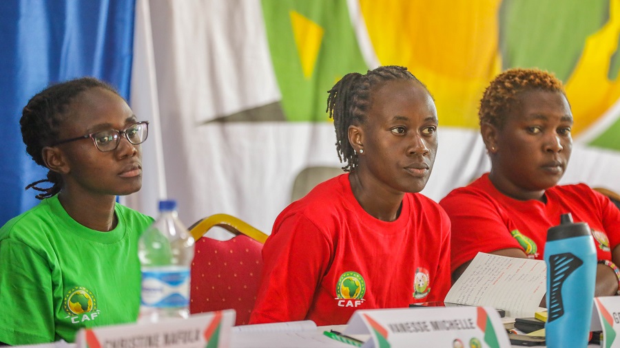 Some of the female coaches following proceedings of the CAF C coaching course organized by the Football Kenya Federation (FKF) at the Kenya Institute of Special Education (KISE) in Nairobi.